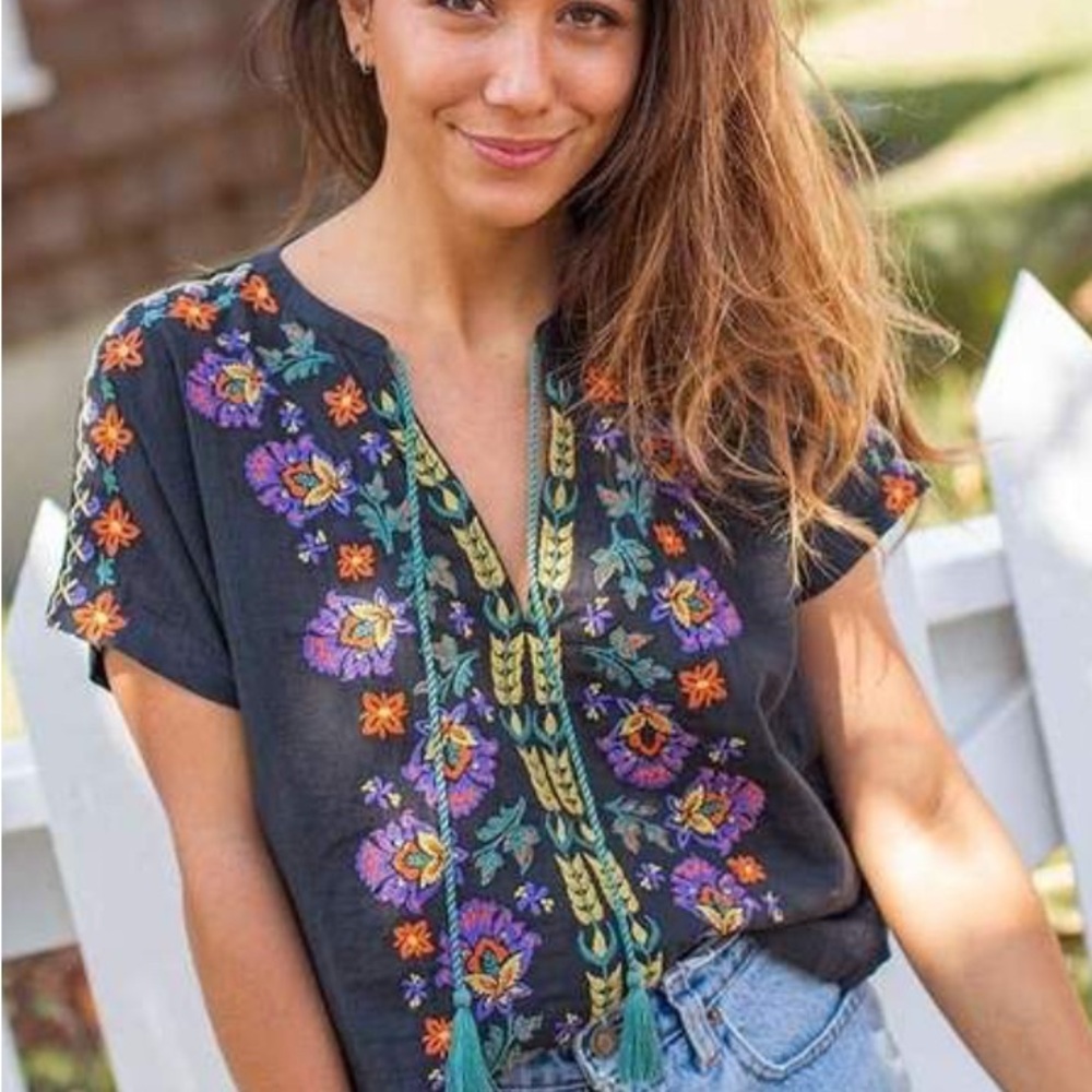 NATURAL LIFE Black Embroidered Floral Boho Blouse with Purple & Orange Accents